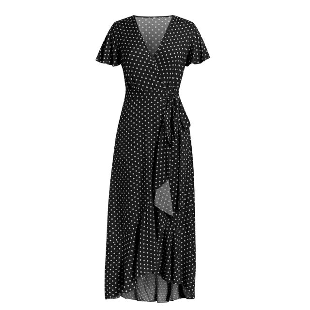 Simplee Sexy polka dot women dress Plus size ruffled high waist v neck summer dress Casual cotton a line belt holiday maxi dress