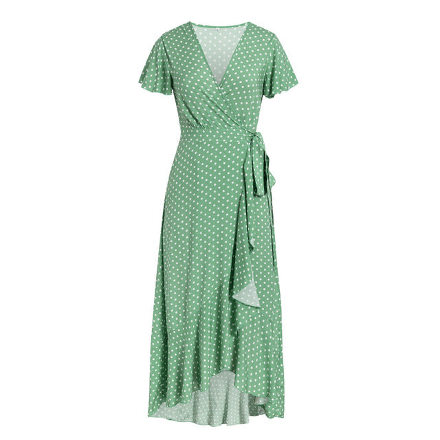 Simplee Sexy polka dot women dress Plus size ruffled high waist v neck summer dress Casual cotton a line belt holiday maxi dress