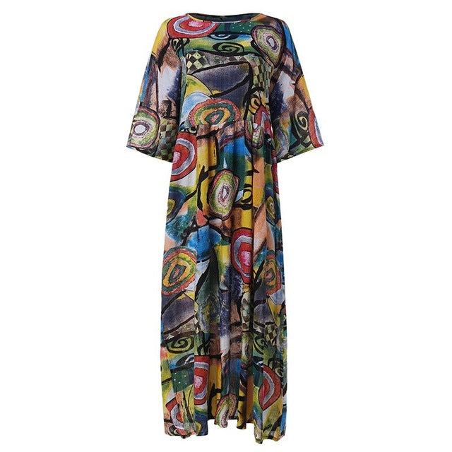 2020 Summer Bohemian Printed Dress ZANZEA Long Maxi Dresses Women Vintage Vestido Robe Pleated Plus Size Femme 3/4 Sleeve Tunic