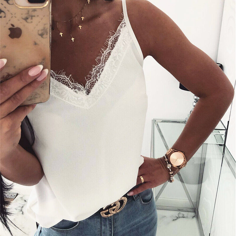 Women's Summer Sleeveless Vest Tank Tops Blouse Tee Satin Silk Backless V-Neck Lace Solid Casual Shirts Cami Tops