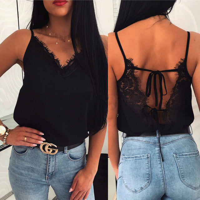 Women's Summer Sleeveless Vest Tank Tops Blouse Tee Satin Silk Backless V-Neck Lace Solid Casual Shirts Cami Tops