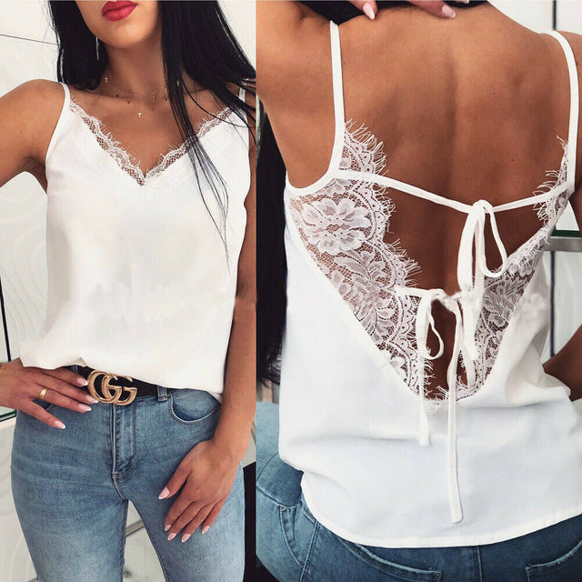 Women's Summer Sleeveless Vest Tank Tops Blouse Tee Satin Silk Backless V-Neck Lace Solid Casual Shirts Cami Tops