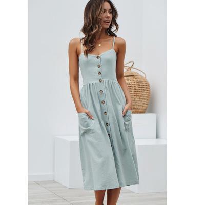 Button Striped Print Cotton Casual Beach Summer Dress 2020 Sexy Spaghetti Strap V-neck Off Shoulder Women Midi Dress Vestidos