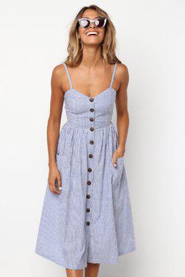 Button Striped Print Cotton Casual Beach Summer Dress 2020 Sexy Spaghetti Strap V-neck Off Shoulder Women Midi Dress Vestidos