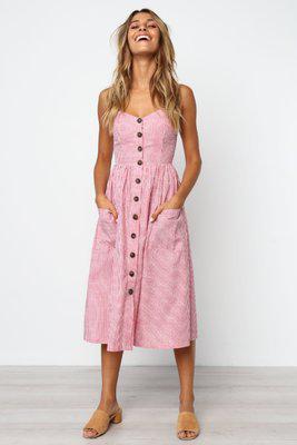 Button Striped Print Cotton Casual Beach Summer Dress 2020 Sexy Spaghetti Strap V-neck Off Shoulder Women Midi Dress Vestidos