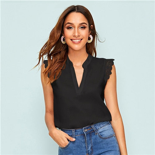 SHEIN V-Placket Lace Trim Shell Top 2019 Elegant V neck Stand Collar Summer Sleeveless Womens Tops and Blouses