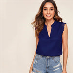 SHEIN V-Placket Lace Trim Shell Top 2019 Elegant V neck Stand Collar Summer Sleeveless Womens Tops and Blouses