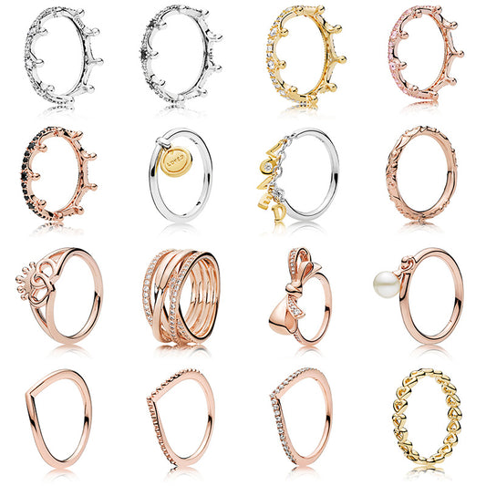 16 Style Silver Charming Crown Bowknot Pearl Crystal Style Rings for Women Party Wedding Jewelry