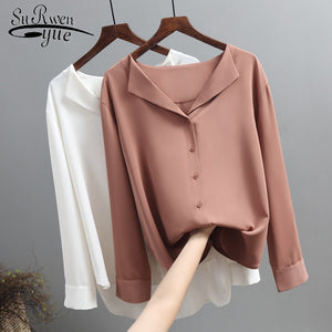 Casual Solid Female Shirts Outwear Tops 2020 Autumn New Women Chiffon Blouse Office Lady V-neck Button Loose Clothing 5104 50