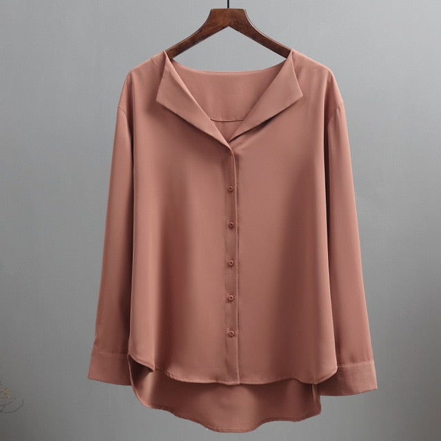 Casual Solid Female Shirts Outwear Tops 2020 Autumn New Women Chiffon Blouse Office Lady V-neck Button Loose Clothing 5104 50
