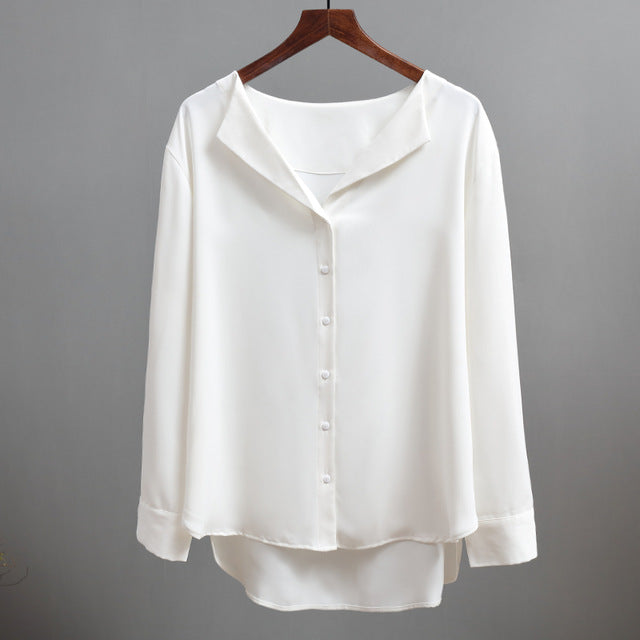 Casual Solid Female Shirts Outwear Tops 2020 Autumn New Women Chiffon Blouse Office Lady V-neck Button Loose Clothing 5104 50