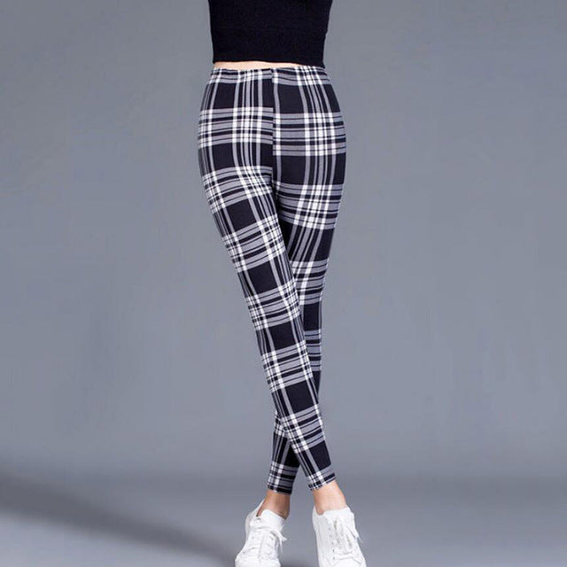 CUHAKCI Women Leggings Fashion Plaid Printing Legging Sexy Leggings Fitness Leggins Grid Floral Stripe Trouser High Waist Pants