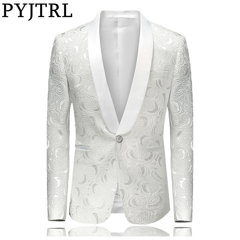 PYJTRL Mens Fashion White Rose Jacquard Blazer Slim Fit Suit Jacket