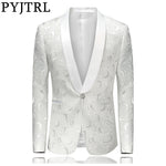 PYJTRL Mens Fashion White Rose Jacquard Blazer Slim Fit Suit Jacket