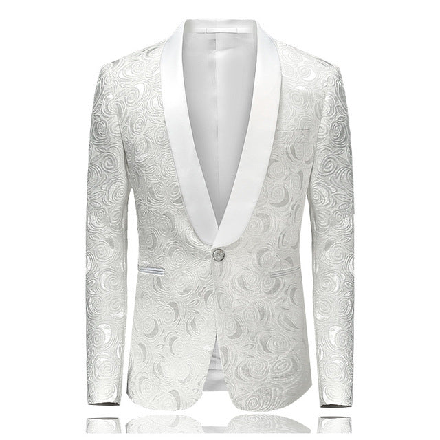 PYJTRL Mens Fashion White Rose Jacquard Blazer Slim Fit Suit Jacket