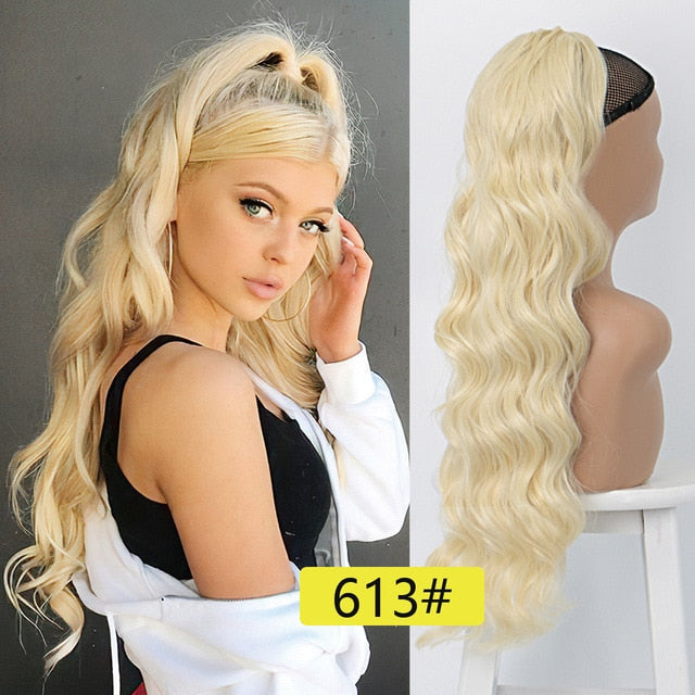 Vigorous Wavy Ponytail Extension for Women Synthetic Long Drawstring Wave Ponytail Clip in Hairpiece Black Fake Hair