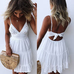 Summer Women White Lace Halter Dress Sexy Backless Beach Dresses 2020 Fashion Sleeveless Spaghetti Strap Casual Mini Sundress