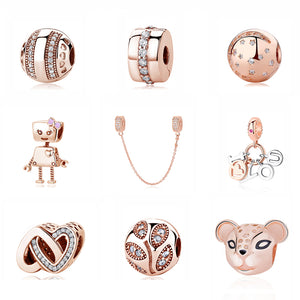 100% Pure Silver Charm Bead Rose Gold Color Pendant Clip Charms CZ Fit Pandora Bracelets DIY Jewelry