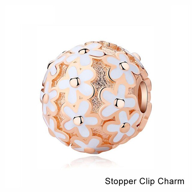 100% Pure Silver Charm Bead Rose Gold Color Pendant Clip Charms CZ Fit Pandora Bracelets DIY Jewelry