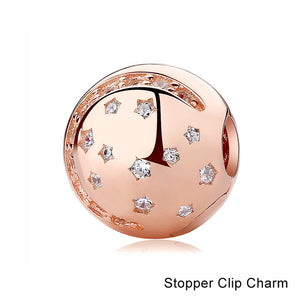 100% Pure Silver Charm Bead Rose Gold Color Pendant Clip Charms CZ Fit Pandora Bracelets DIY Jewelry