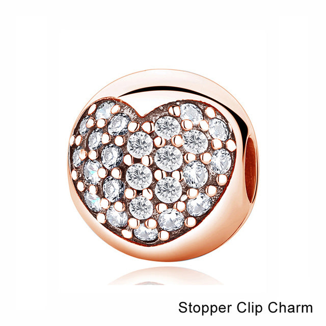 100% Pure Silver Charm Bead Rose Gold Color Pendant Clip Charms CZ Fit Pandora Bracelets DIY Jewelry
