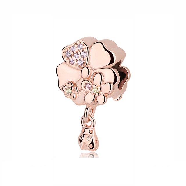 100% Pure Silver Charm Bead Rose Gold Color Pendant Clip Charms CZ Fit Pandora Bracelets DIY Jewelry