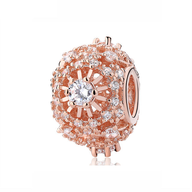 100% Pure Silver Charm Bead Rose Gold Color Pendant Clip Charms CZ Fit Pandora Bracelets DIY Jewelry