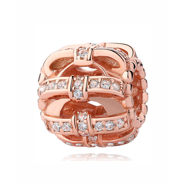 100% Pure Silver Charm Bead Rose Gold Color Pendant Clip Charms CZ Fit Pandora Bracelets DIY Jewelry
