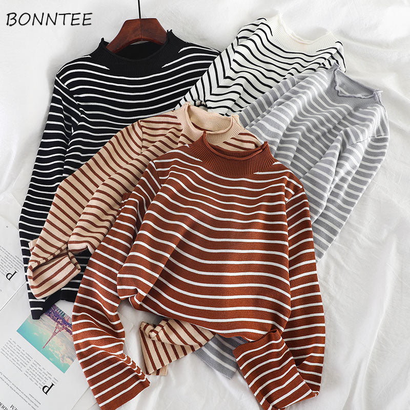 Sweaters Women Knitting Striped Student Elegant Loose All-match Turtleneck Daily Soft Korean Style Vintage Womens Clothing New