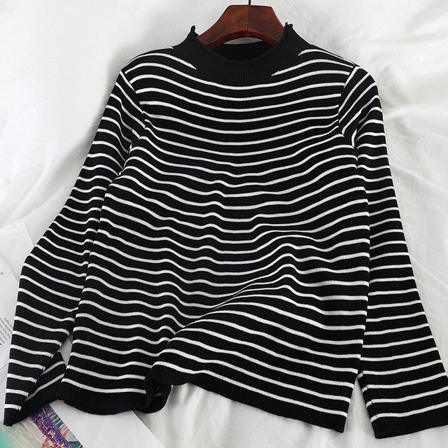 Sweaters Women Knitting Striped Student Elegant Loose All-match Turtleneck Daily Soft Korean Style Vintage Womens Clothing New