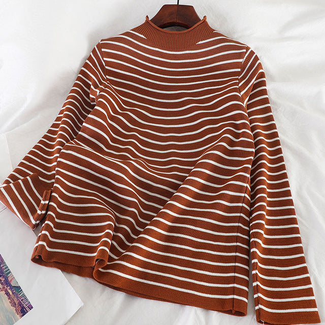 Sweaters Women Knitting Striped Student Elegant Loose All-match Turtleneck Daily Soft Korean Style Vintage Womens Clothing New