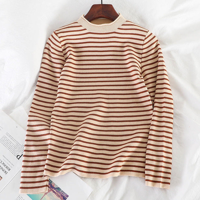 Sweaters Women Knitting Striped Student Elegant Loose All-match Turtleneck Daily Soft Korean Style Vintage Womens Clothing New
