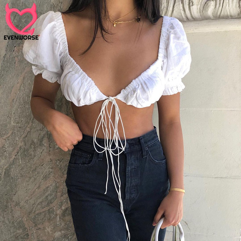Bomblook 2020 New women white crop top short sleeve lace up tees elastic tops shirt sexy club solid Fashion Night party F9101T