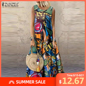 ZANZEA Women Bohemian Sleeveless Floral Printed Sundress Summer Dress Robe Vintage Kaftan Beach Vestido Femme Sarafans Plus Size