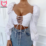 Bomblook 2020 women summer cotton bandage blouse big long slush lantern sleeve adjustable lace up strap crop top White Summer