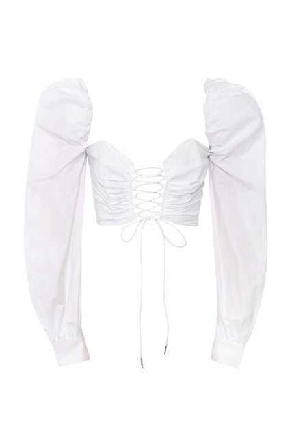 Bomblook 2020 women summer cotton bandage blouse big long slush lantern sleeve adjustable lace up strap crop top White Summer