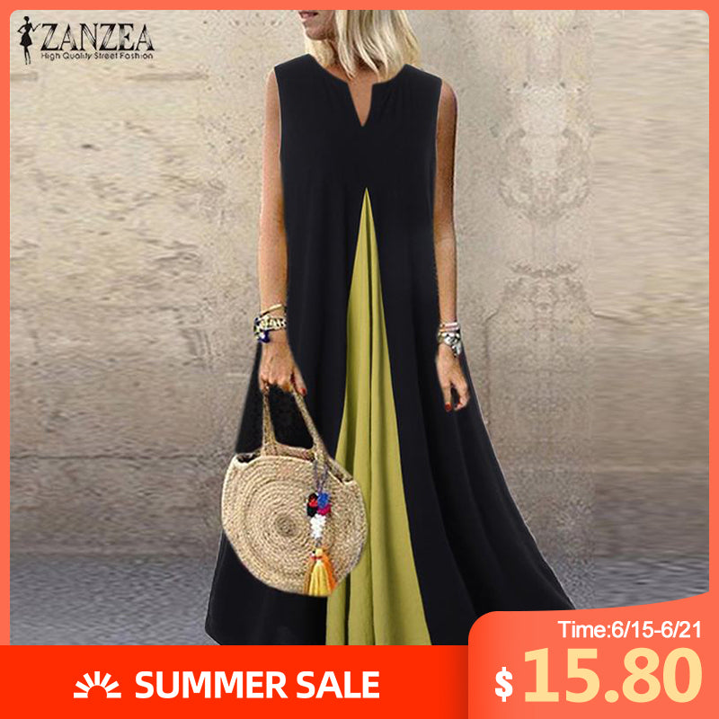 Plus Size ZANZEA Summer Cotton Linen Dress Women Sleeveless Pacthwork Sundress Kaftan Vintage Long Vestido Robe Femme Dresses