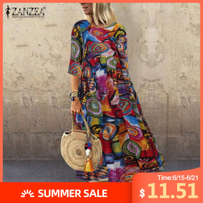 2020 Summer Bohemian Printed Dress ZANZEA Long Maxi Dresses Women Vintage Vestido Robe Pleated Plus Size Femme 3/4 Sleeve Tunic