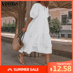 Summer Dress Vintage Sexy Lantern Sleeve Mid-Calf Dress VONDA 2020 Women' Sundress Casual Bohemian Beach Vestidos Plus Size