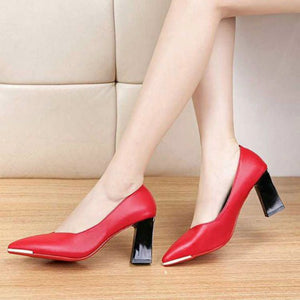 Vangull Leather Pumps 2019 Pu Women's Autumn Slip-On Pointed Toe Square Heel Dress Shoes Office Lady Elegant Shallow Pumps New