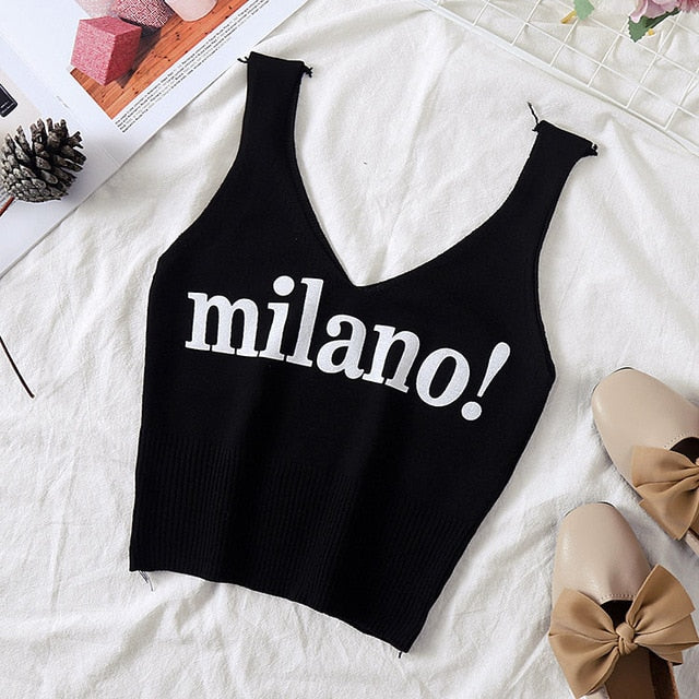 HELIAR Tops Women Knitted Sexy Crop Tops V-Neck Lettering milano! Camis Lady Slim Night Club Crop Top Summer Crop Tops Women
