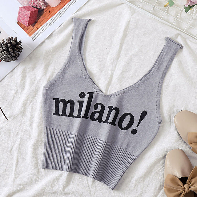 HELIAR Tops Women Knitted Sexy Crop Tops V-Neck Lettering milano! Camis Lady Slim Night Club Crop Top Summer Crop Tops Women