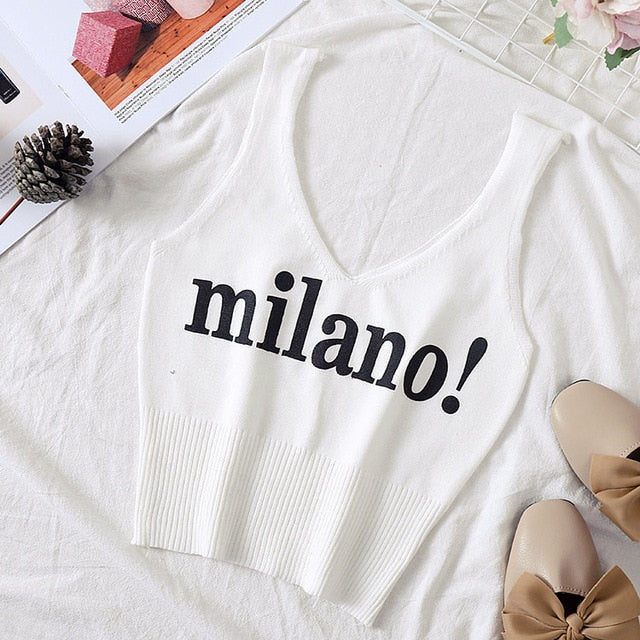 HELIAR Tops Women Knitted Sexy Crop Tops V-Neck Lettering milano! Camis Lady Slim Night Club Crop Top Summer Crop Tops Women