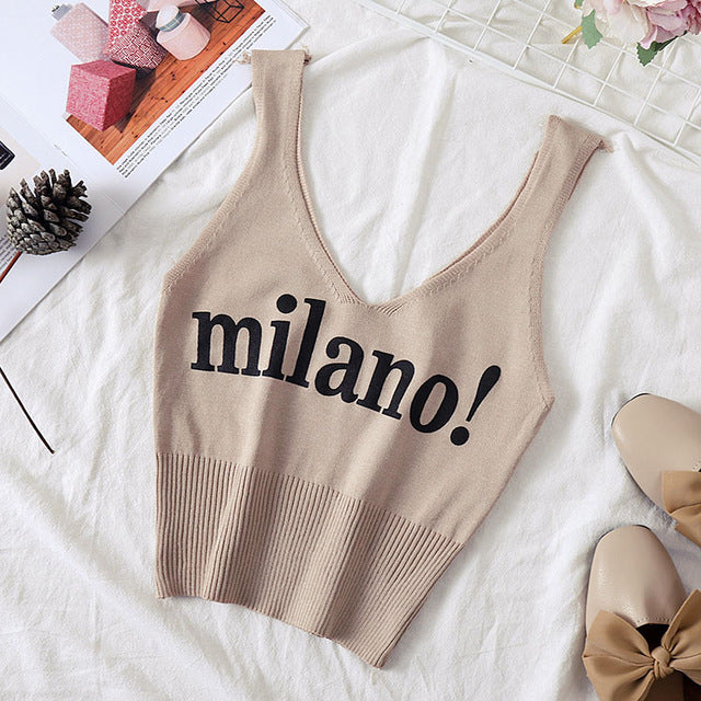 HELIAR Tops Women Knitted Sexy Crop Tops V-Neck Lettering milano! Camis Lady Slim Night Club Crop Top Summer Crop Tops Women