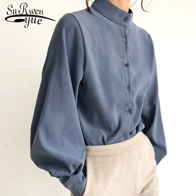 Fashion women blouse shirt lantern long sleeve women shirts solid stand collar office blouse womens tops and blouses 2516