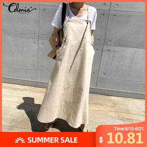 S-5XL Women Fashion Sleeveless Maxi Dress Celmia 2020 Vintage Linen Strappy Casual Loose Long Vestidos Female Solid Work Robe  7