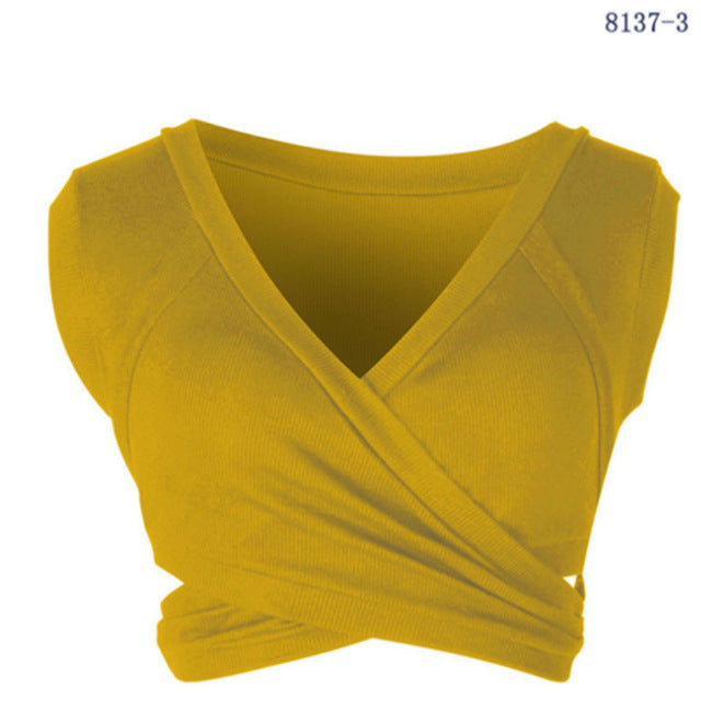 2020 New Fashion Summer Women Cotton V-Neck Slim Crop Top Bandage Short Sleeve Camis Tees Tanks Bandeau Top Party Clothes Tops