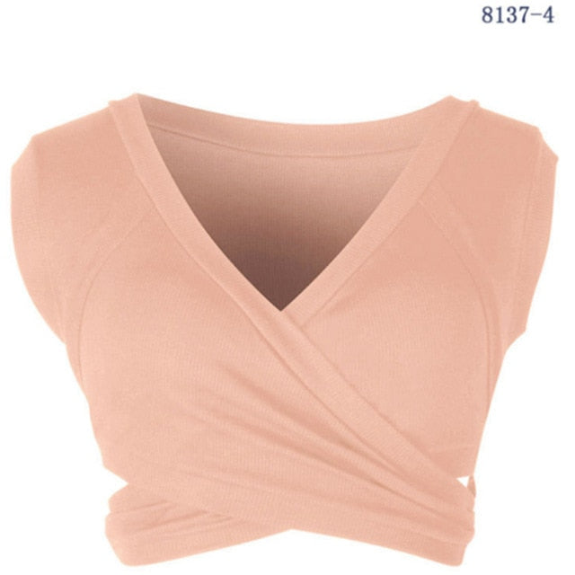 2020 New Fashion Summer Women Cotton V-Neck Slim Crop Top Bandage Short Sleeve Camis Tees Tanks Bandeau Top Party Clothes Tops