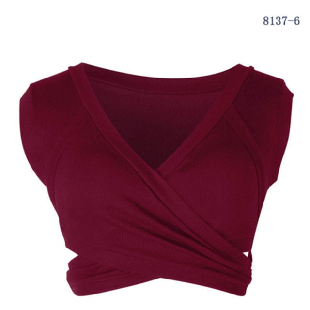 2020 New Fashion Summer Women Cotton V-Neck Slim Crop Top Bandage Short Sleeve Camis Tees Tanks Bandeau Top Party Clothes Tops