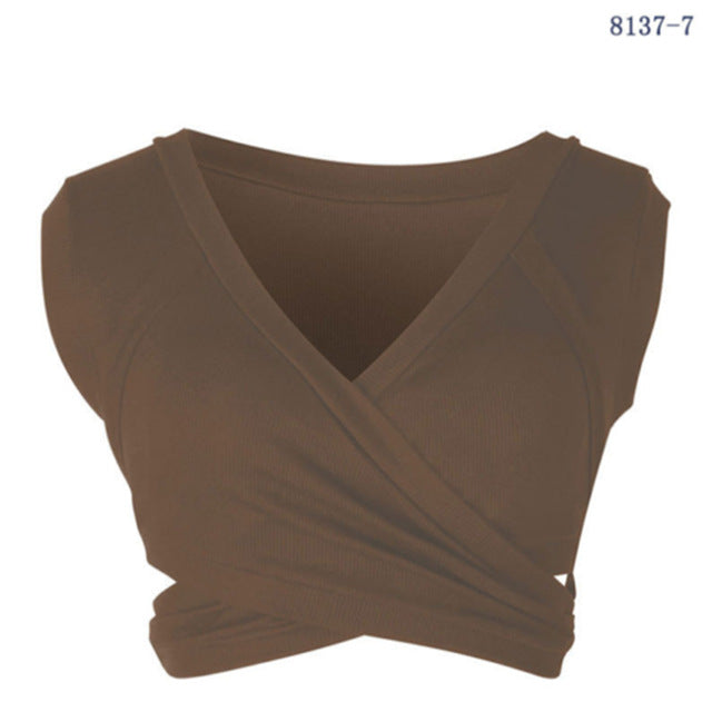 2020 New Fashion Summer Women Cotton V-Neck Slim Crop Top Bandage Short Sleeve Camis Tees Tanks Bandeau Top Party Clothes Tops